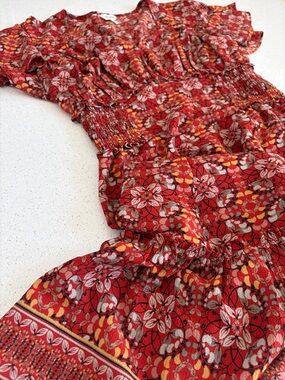 Max Studio Coral Red Floral Wrap Top